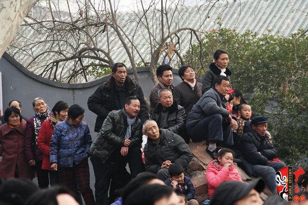 人民公園演出現(xiàn)場擠滿了觀眾，圖為觀眾爬上假山山頭