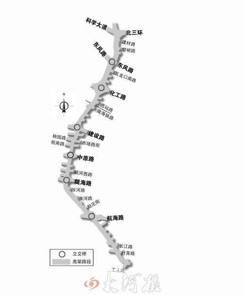 截至目前，僅剩西三環(huán)跨長(zhǎng)江路、丹青路高架橋金水河處一座箱梁尚未澆筑。