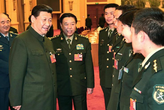 中共中央總書記、中共中央軍委主席習(xí)近平出席十二屆全國人大一次會議解放軍代表團(tuán)全體會議并發(fā)表重要講話。