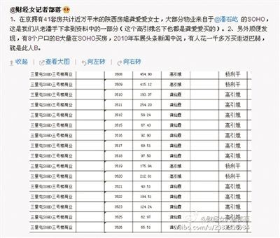 網(wǎng)友“財(cái)經(jīng)女記者部落”微博稱，“房姐”多處房產(chǎn)購(gòu)自潘石屹的SOHO中國(guó)。網(wǎng)絡(luò)截圖