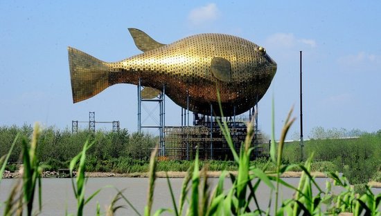 昨天，揚(yáng)中市西沙島，正在施工的河豚塔金光閃閃