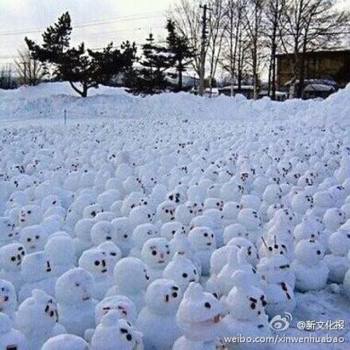 網(wǎng)傳“煙臺男子大學(xué)生堆1314個雪人表白”。微博圖