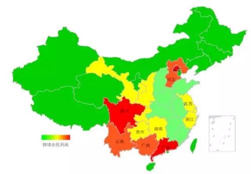 端午期間省域擁堵情況。來源：交通部聯(lián)合其他機構(gòu)發(fā)布的《2018年端午全國公路網(wǎng)出行預(yù)測報告》。