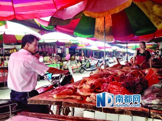  昨日，玉林垌口市場，一位市民在購買狗肉。
