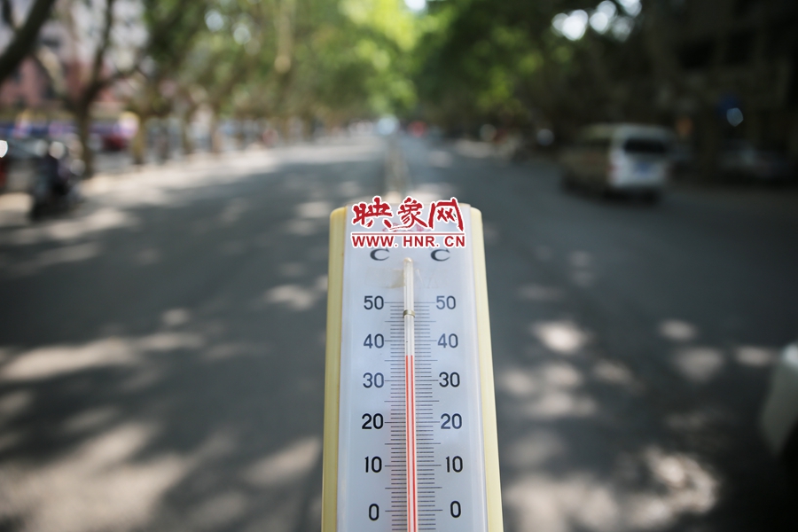 7月8日下午15時(shí)30分，人民路樹陰處溫度為36度，比人防納涼處高11度。