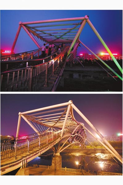 花園路西側(cè)東風(fēng)渠景觀橋，上圖攝于7月31日晚間，下圖攝于10月9日晚間。