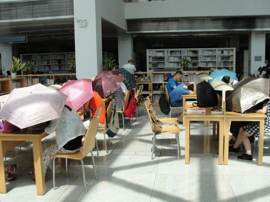 圖書館內(nèi)撐傘讀書的民眾。