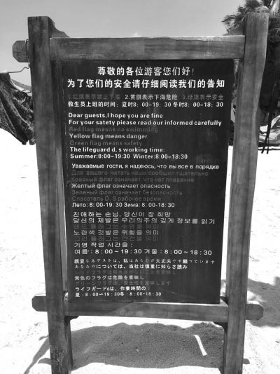 大東海海灘上用多國(guó)語(yǔ)言設(shè)立的安全告示。
